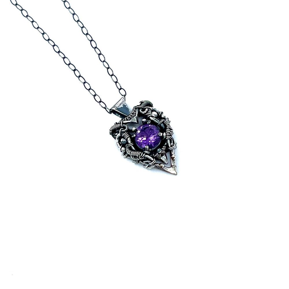Handmade Fine Silver & Natural Amethyst Pendant - Fantasy-Inspired, Oxidized Ant